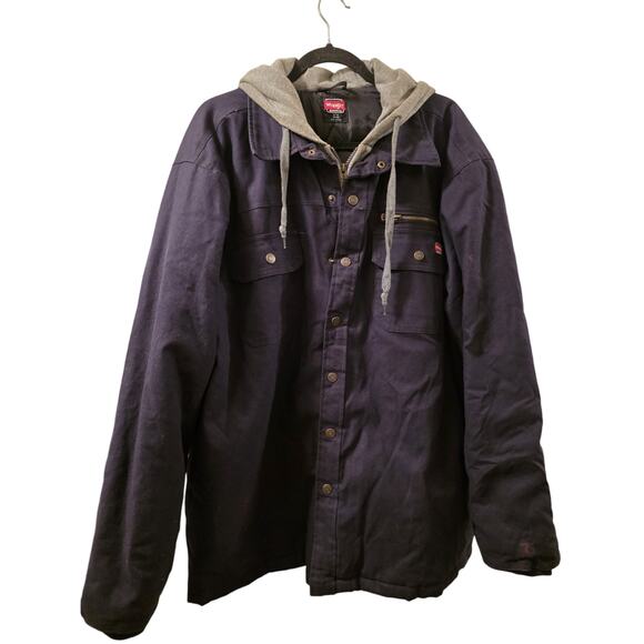 Wrangler Workwear Jacket Mens Blue Hooded Chore Coat Quilt Lined Snap Zip XL - Picture 1 of 9